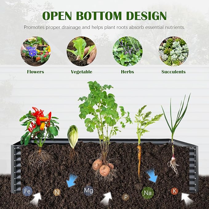 Domi 8x4x2ft Metal Raised Garden Beds Outdoor, Thickened Galvanized Steel Deep Root Planter Box with Stabilizing Bars & Rubber Edging for Vegetables, Flowers, Herbs - Dark Gray
