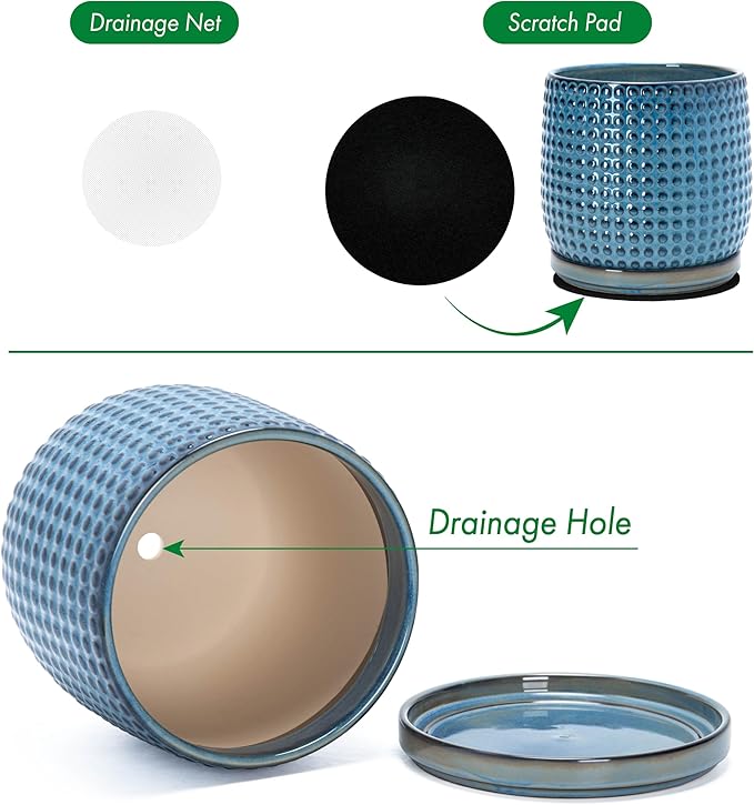 D'vine Dev 8 Inch Ceramic Beaded Stoneware Planter Pot - Flower Pot with Drainage Holes and Saucers for Indoor Succulent Plants or Flowers, Ocean Teal, 27-C-Q-8