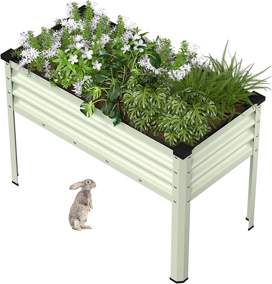 BlueWish 48" W x 24" D x 32" H Raised Garden Bed, Garden Bed with Detachable Black Liner, Drainage Gaps, Galvanized Raised Garden Beds Outdoor 7.5 Cubic Feet, Gardening, Vegetable, Flower, Beige
