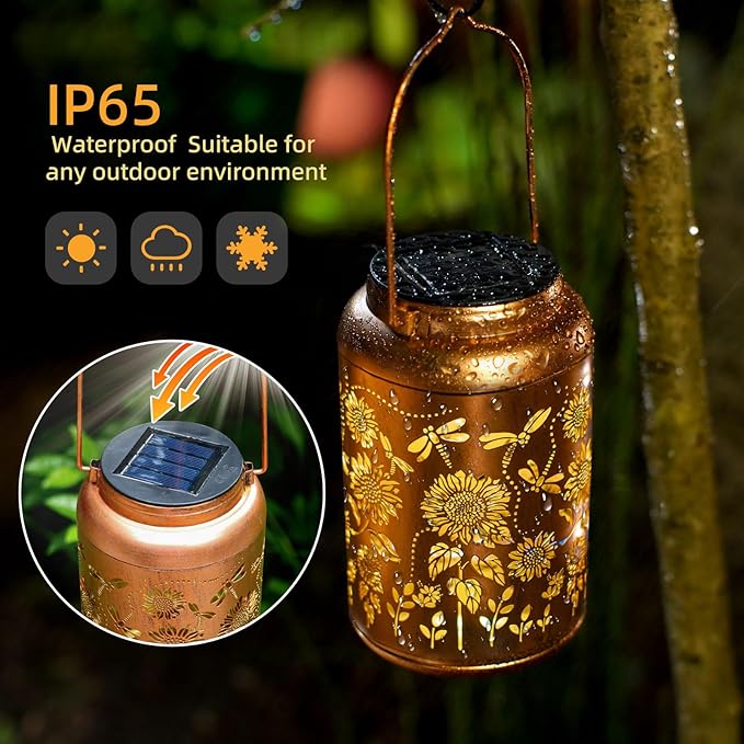 Sunflower Solar Lanterns Outdoor Waterproof Hanging Solar Lights,Birthday Gifts for Women Mom Grandma,Dragonfly Lantern Metal,Garden Decor Decorative Yard,Patio,Lawn,Porch,Deck,Balcony
