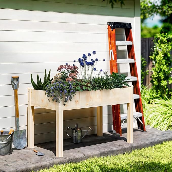 DUMOS Raised Garden Bed with Legs, 48x24x30in Wood Elevated Planter Box w/Bed Liner for Herbs Flowers Vegetables, 300lbs Capacity Outdoor Gardening Planters for Patio Balcony Backyard, Soft Wood