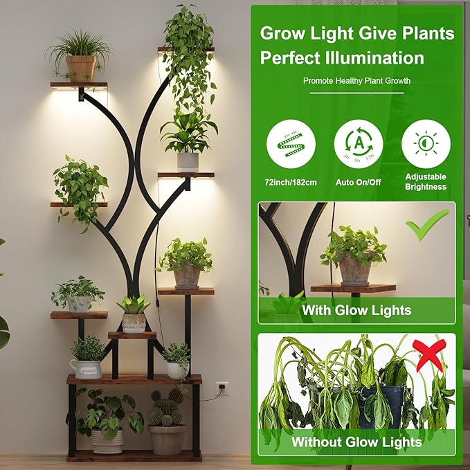 Plant Stand Indoor with Grow Lights, 9 Tiered Plant Shelf Indoor, 60" Corner Plant Stand for Indoor Plants Multiple, Metal Tall Plant Flower Holder, S-Shaped Plant Rack for Home, Patio,Living Room