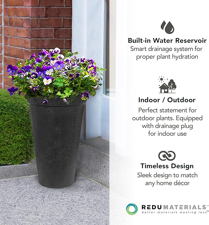 Tierra Verde 2-Pack Indoor & Outdoor Self-Watering Tall Round Planters, Aria, 12.5" x 20", Black - Planter Containers for Plants and Flowers - Gardening and Landscaping Accessories