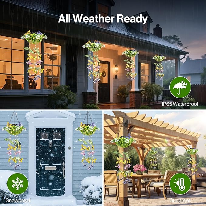 Solar Hanging Garden Lights - 2 Pack, Artificial Butterfly & Flower LED Fairy String Lights, IP65 Waterproof Outdoor Festive Decor for Patio, Porch, Garden, Yard, Warm Gift for Mom, Family & Friends