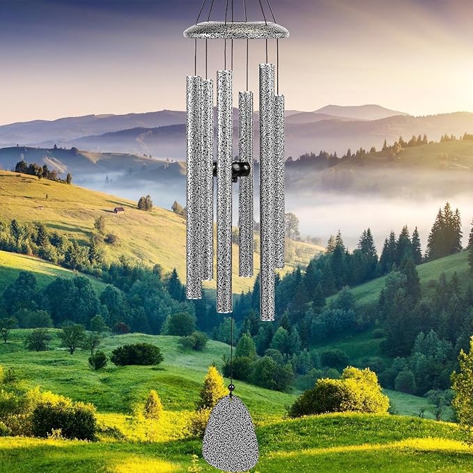Wind-Chimes-Outdoor-Deep-Tone, Large Soothing Melodic Tones Windchimes, Wind Chimes for Outside, Memorial Wind Chime Best Gift for Mom Women Grandma Neighbors(32" Silver Coated Aluminum)