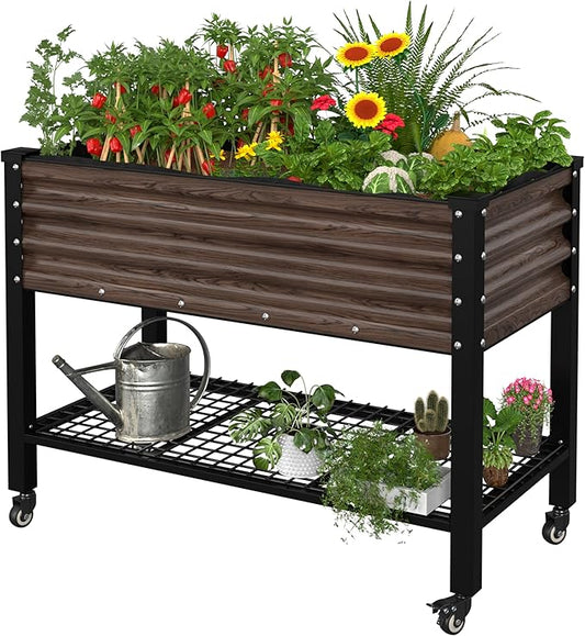 BlueWish 48" W x 24" D x 34" H Outdoor Galvanized Garden Bed, Elevate Raised Bed with Detachable Black Liner, Rolling Casters, Storage Shelf, Planter Boxes for Gardening, Vegetable, Flower, Rustic