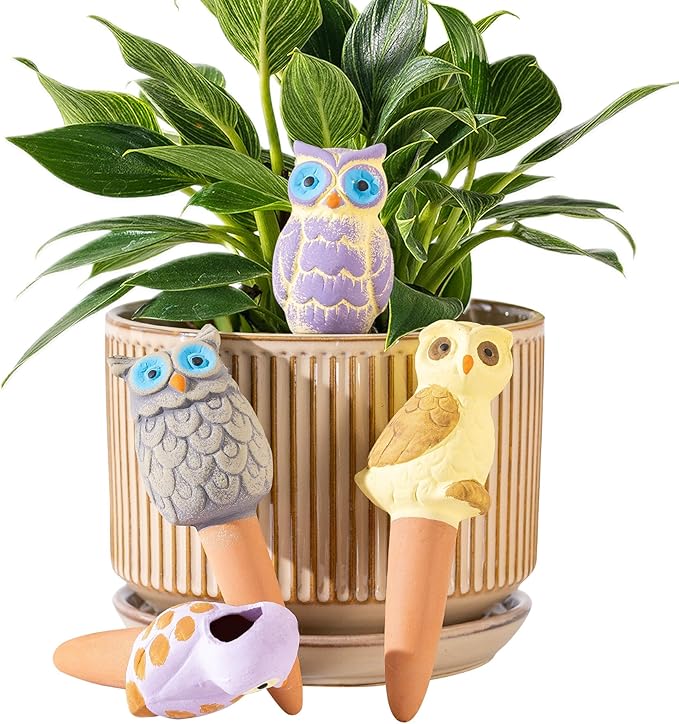 4 Pack Handmade Terracotta Owl Watering Spikes and Globes, Self-Watering Plant Devices with Slow Release System for Continuous Moisture, Perfect Water Bulbs for Indoor and Outdoor Plants Vacation Use
