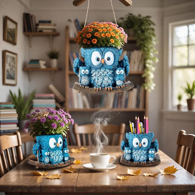 Swing Owl Hanging Planter for Indoor Outdoor Plants Decor Resin Hanging Owl Planter Pot with Rope, Cute Mother and Baby Design, Small Hanging Plant Holder for Garden, Patio, Balcony