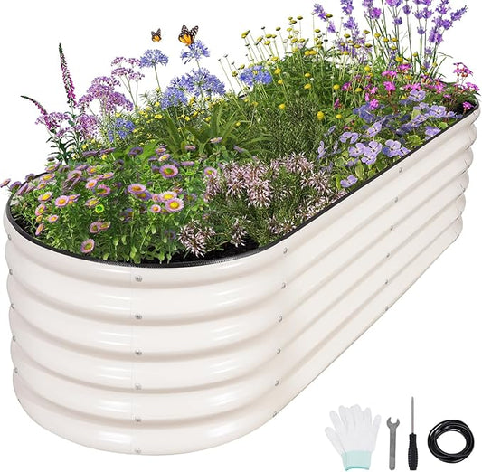 Permade Galvanized Raised Garden Bed - 6x2x1.4FT Metal Planter Boxes Outdoor | Oval Steel Raised Bed Kit for Gardening with Protective Tape, Gloves for Vegetables, Flower, Herb (White)
