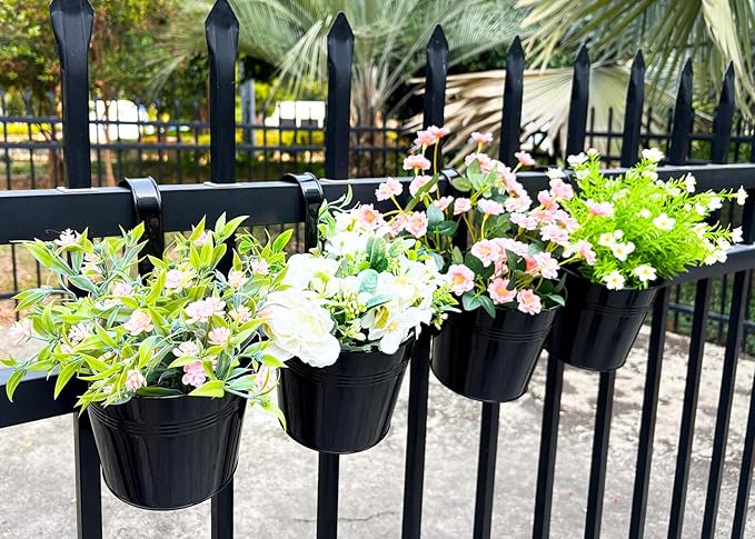 6 Pcs Black Railing Planter, 6 Inch Metal Hanging Planters for Outside Balcony Rails Fence with Detachable Hooks, Flower Pots Outside for Garden Patio (Black, Pack of 6)