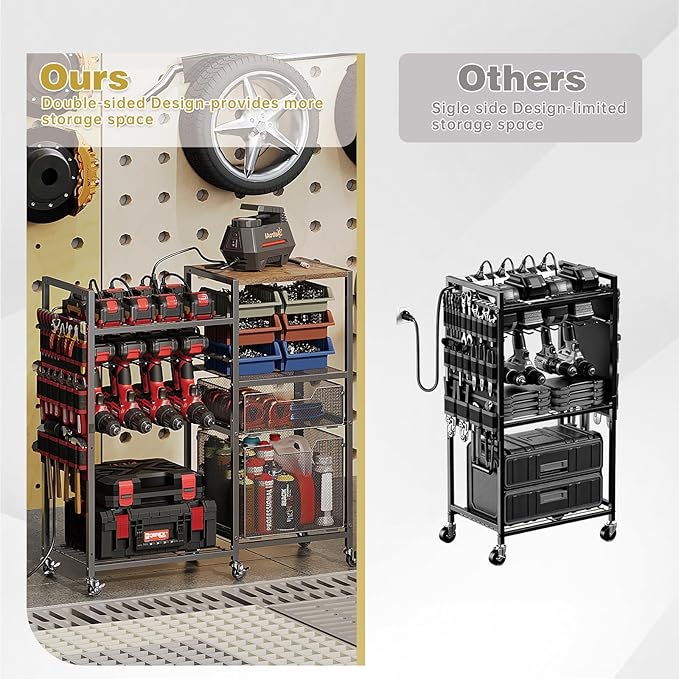 Large Power Tool Organizer Cart with Charging Station, 8 Slots for Cordless Drill Holder with Drawers, Rolling Storage Cart with 8 Power Outlet Heavy Duty Garage Organizer with Wheels for Men