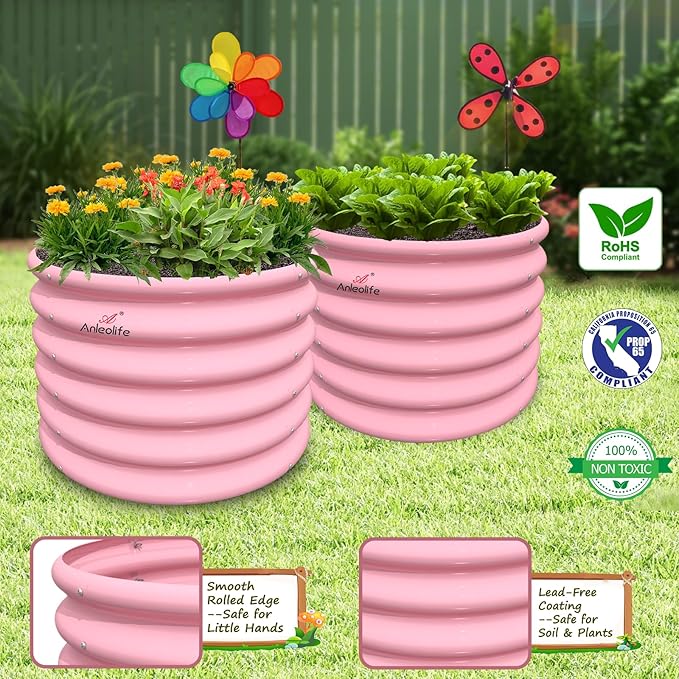 A ANLEOLIFE 5-Pack 18in Tall Kids Mini Raised Garden Beds Outdoor, 40x24in Oval & 24x24in Round Galvanized Metal Planter Box for Planting Vegetables, Flowers, Fruits, Eco-Safe & Easy Setup