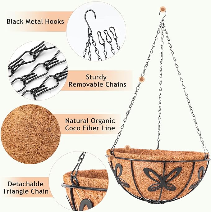 Hanging Baskets Planter for Plants, 2 Pack 10 Inch Round Metal Wire Hanging Flower Pots with Coco Coir Liner Chain, Plant Holder for Home Garden Balcony Decor (10in, Round)