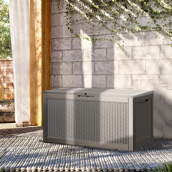 100GAL - Grey，Resin Deck Box，Patio Furniture Cushions Garden Boxes，Outdoor,backyard Storage，Shed