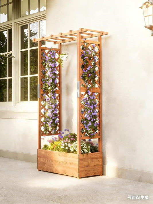 Raised Garden Bed with Trellis and Hanging Roof, Wooden Planter Box with Side Supports and Drainage, Freestanding Elevated Planter for Climbing Plants, Vines, and Flowers, 43x17x72Ft
