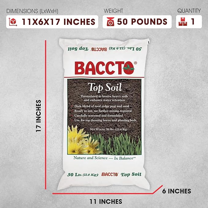 Michigan Peat Company Baccto Top Soil for Lawns, Patchworks, Gardens, Planting Beds, and Shrub and Tree Transplant Mixtures, 50 Pounds