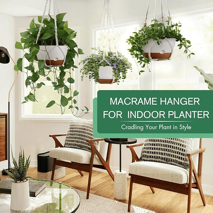 3 Pack 8/10/12 Inch Hanging Planters for Indoor Plants with Self-Watering Includes Hanging Pots for Plants, Outdoor Hanging Flower Pots with Drainage, and 2 Types of Hanging Baskets Hangers (White)