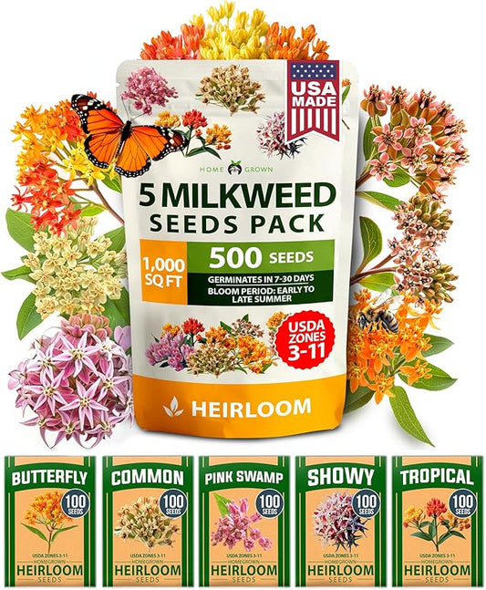 HOME GROWN Milkweed Flower Seeds - 500+ Heirloom Perennial Wildflower Seeds (5 Individual Varieties) Supports Monarch Habitat, Grows in Zones 310 (Asclepias syriaca)