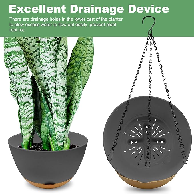 10 Inch Hanging Planters for Indoor Outdoor Plants,2 Pack Hanging Flower Plant Pot，Plastic Hanging Plant Pots for Outside with Drainage Hole and Removable Saucer for Garden Home