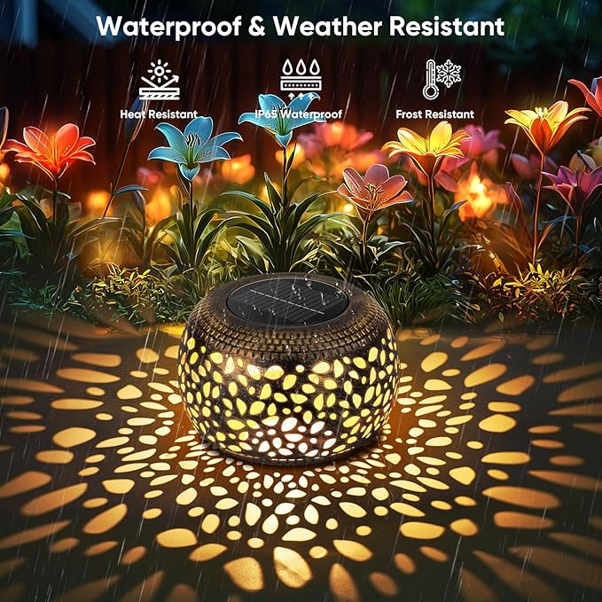 Solar Lanterns Waterproof Outdoor Decor: 2 Pack Hollow Out Retro Metal Solar Lights, Unique Gardening Gifts for Women Mom, Outside Garden Yard Porch Lawn Indoor Tabletop Decorations, 2 Lighting Colors