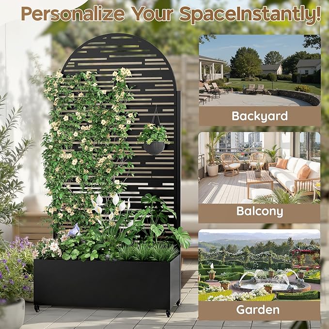 Metal Planter with Trellis& Wheels 72" x 35"x 15.7" Raised Garden Bed with Trellis,Privacy Planters for Patio,Garden Bed for Climbing Plants,Suitable for Climbing Plants and Vegetables,Black