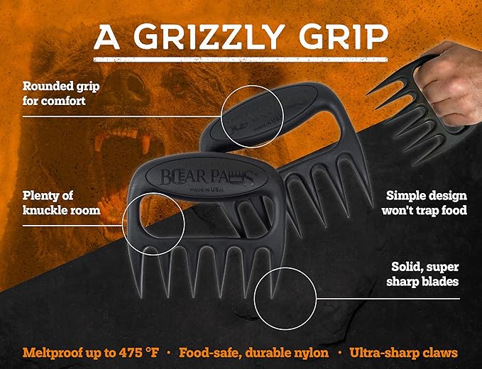 Bear Paws Meat Claws - The Original Meat Shredder Claws for Pulled Pork, USA Made - Easily Lift, Shred, Pull and Serve Pork, Chicken, Brisket and Turkey - Gift for Dad on Christmas! (Black)