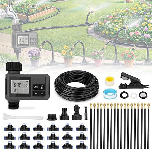 66FT Drip Irrigation Kit with Timer, Automatic Garden Watering System with Flexible 360° Bendable Hose & Adjustable Emitters, Drip Irrigation System for Greenhouse, Yard, Flower Bed, Lawn & Plants