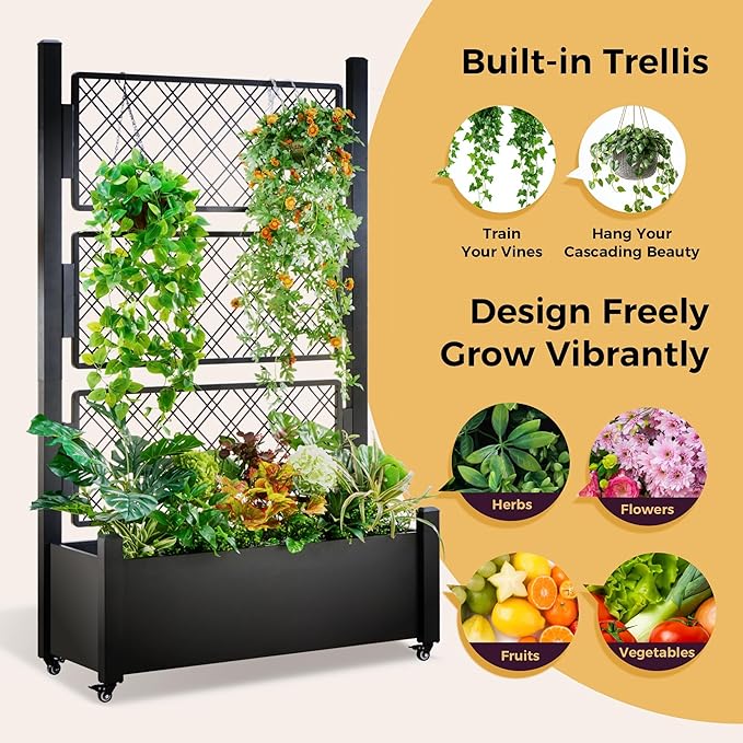 Metal Raised Garden Bed with Trellis, 72Hx46Wx16D Inch Large Outdoor Planter Box for Climbing Plants, Vegetables & Vines, Privacy Screen with Wheels and Drainage Holes, Black