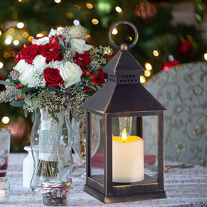 Yongmao Vintage Golden Brushed Black Lantern Decorative LED Flickering Flameless Candle with Timer, Battery Powered LED Decorative Hanging Lanterns for Indoor Outdoor Garden Yard Home Decor(4 Pack)