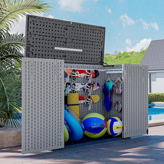 AOXUN Horizontal Storage Sheds 41 Cu.ft, HDPE Outdoor Storage Box 160 Gallon, Waterproof Lockable Resin Deck Box with Spring-Assisted Lid, Patio Storage for Garden, Pool, Cushions, Tools, Gray