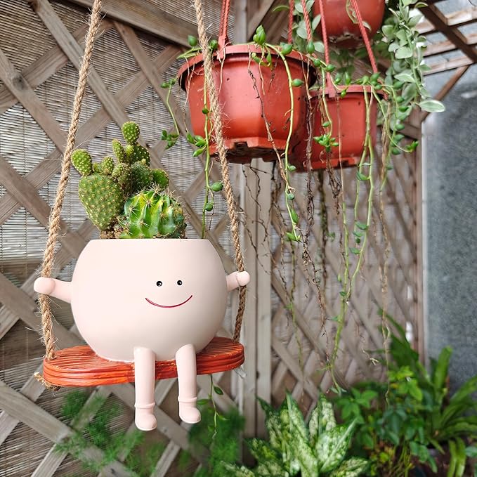 Swing Face Planter Pot with Drainage Holes, Cute Succulent Hanging Planter for Indoor Outdoor Plants, for Plant Lovers and Mothers