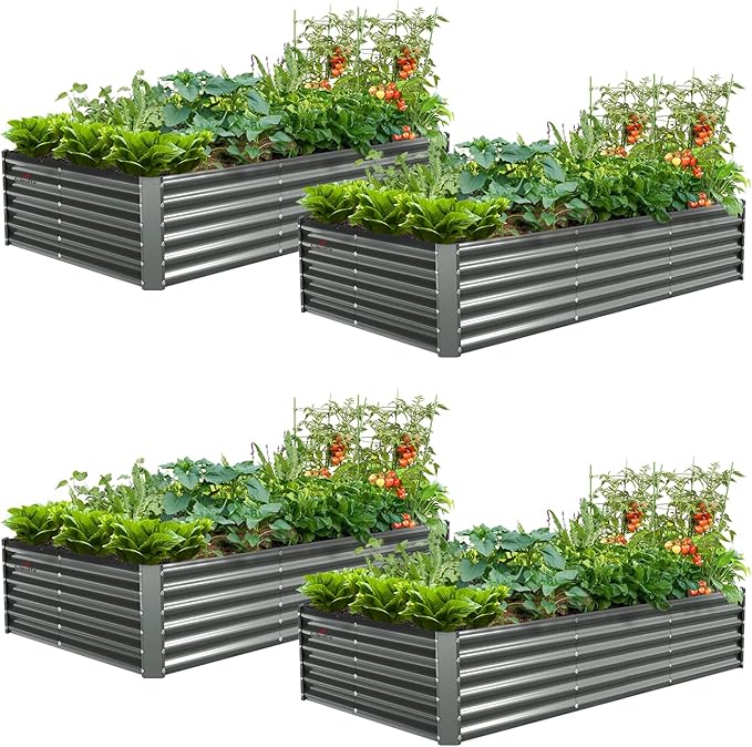 A ANLEOLIFE 4 Pcs 8X4X1.5 ft Rectangular Galvanized Raised Garden Beds Outdoor for Planting Vegetables Flowers Herb, Quartz Grey