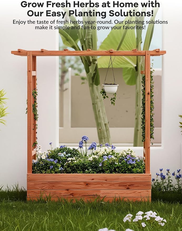 Raised Garden Bed with Trellis, Wood Planter Box with Hanging Roof & Drainage, Elevated Garden Bed for Climbing Plants, Vegetables, Flowers