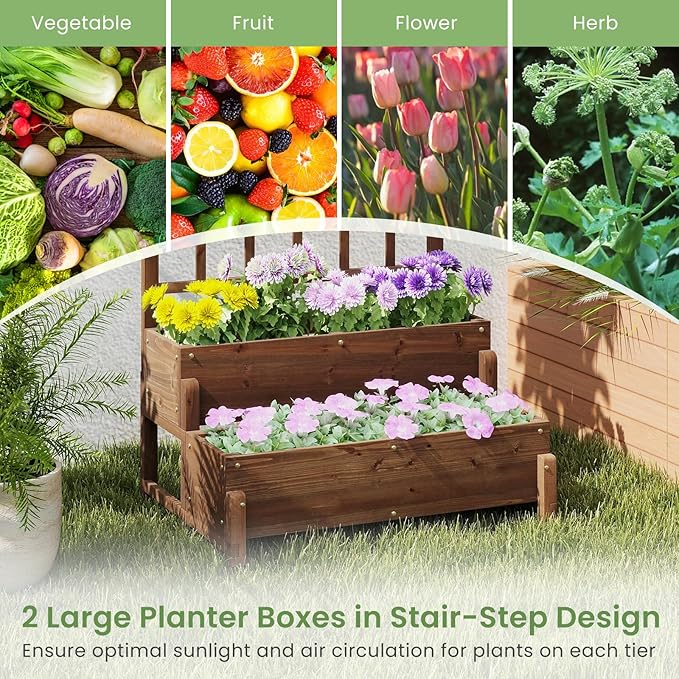 Byroce Outdoor Raised Garden Bed, Garden Planter Box with Lattice Trellis, Legs & Drainage Hole, 2-Tier Standing Elevated Planter for Flower, Fruit, Vegetable & Climbing Plants in Patio, Balcony (1)