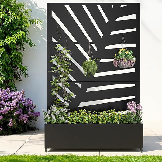 Metal Planter with Trellis& Wheels 72" x 47"x 15.7" Raised Garden Bed with Trellis,Privacy Planters for Patio,Garden Bed for Climbing Plants,Suitable for Climbing Plants and Vegetables,Black