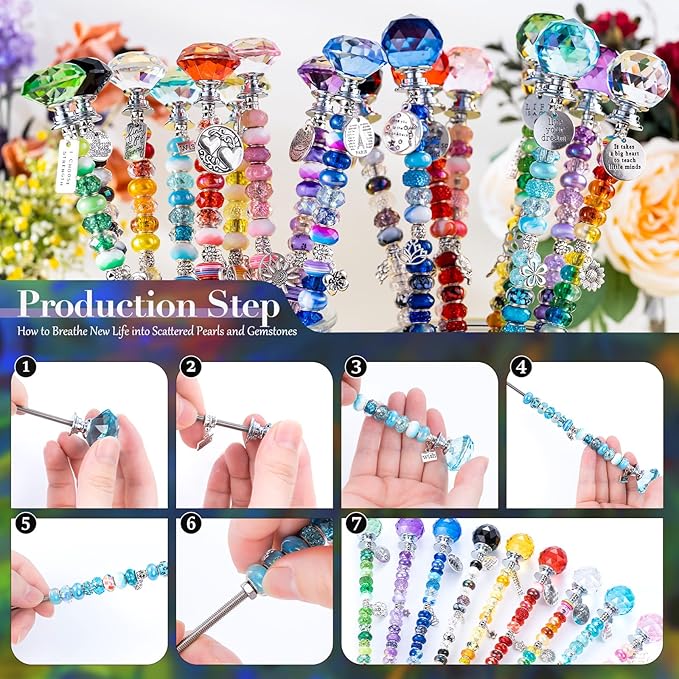 513Pcs DIY Beaded Garden Stakes, Fairy Wand Kit Garden Stakes Decorative with 18 Threaded Rod, Crystal Top, Large Holes Bead for Christmas Plants Garden Outdoor&Indoor Decorative（12IN）