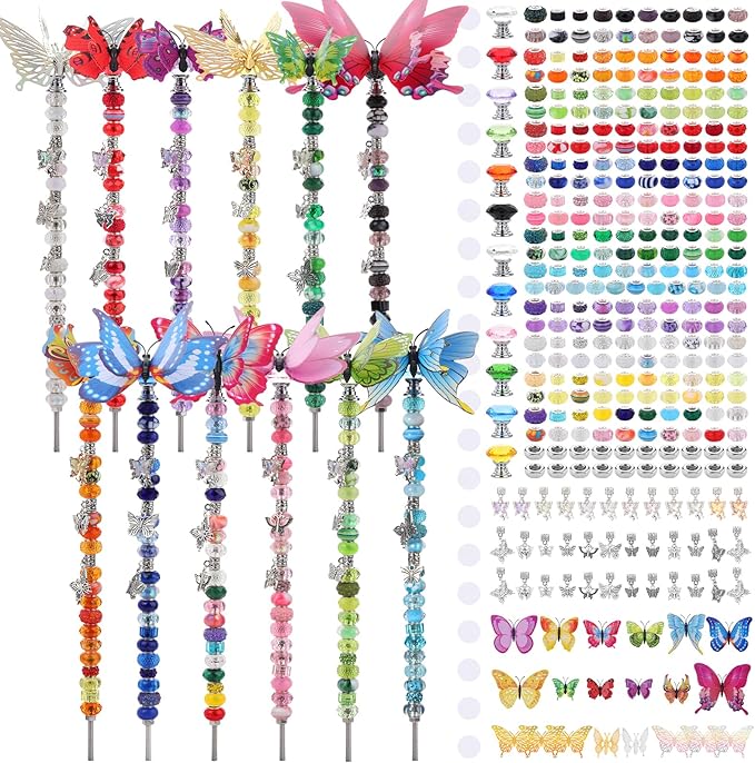380Pcs Beaded Garden Stake, DIY Fairy Wand Beaded Decorative Butterfly Garden Stake Kit with 12IN Threaded Rod Crystal Stopper Top Large Holes Beads Butterfly Decoration Pendants Outdoor