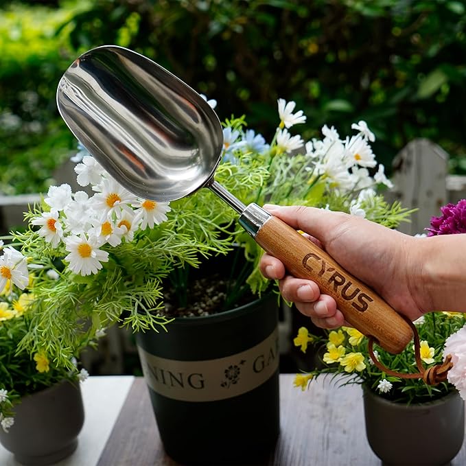 CYRUS Garden Shovel 13" Stainless Steel,Soil Scoop for Indoor Plants,Small Hand Shovels for Gardening,Garden Spade for Plant Transplanting, Digging and Weeding