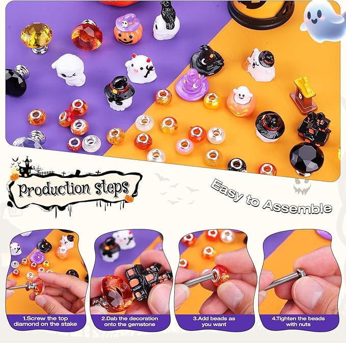 Beaded Garden Stake, DIY Halloween Decorative Garden Stake Kit, Beaded Fairy Wand with 12 in or 10 in Threaded Rod, Crystal Stopper, Large Holes Bead, Pendant,s Outdoor Thanksgiving Decorations kit