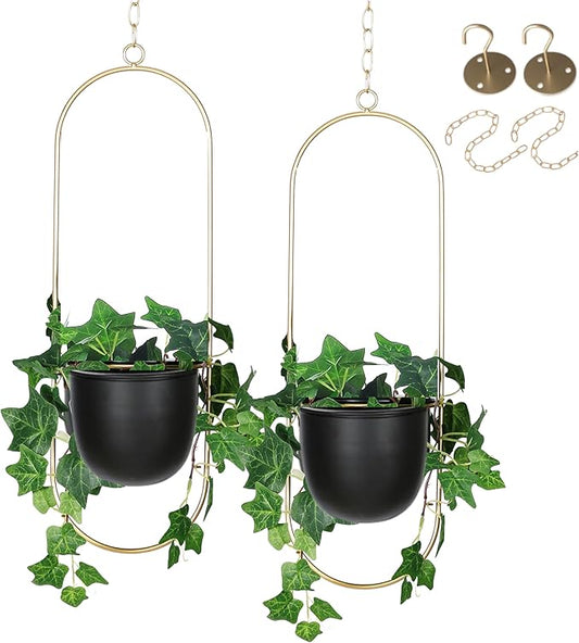 Shineloha 2 Pack Hanging Planters for Indoor Plants with 5.5" Pot + Ceiling Hook | Black Hanging Planter, Metal Plant Hanger, NO Plant incld
