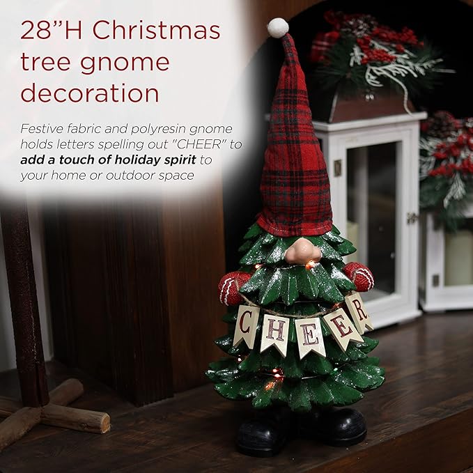 Alpine Corporation 28" Tall Christmas Tree Cheer Gnome Holiday Decoration with 20 Color-Changing LED Lights, Indoor/Outdoor Festive Accent for Porch, Lawn, or Entryway