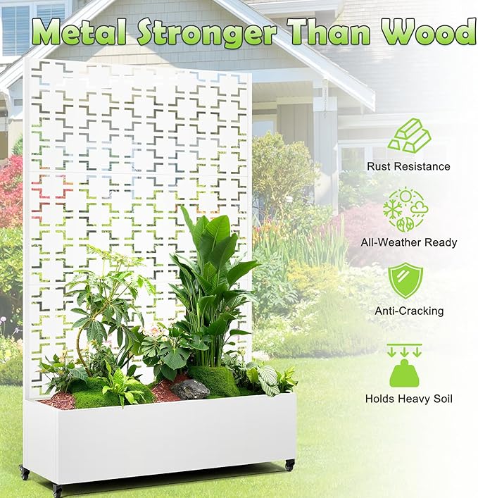 15.7"×70.9"×47.2" Metal Raised Garden Bed with Trellis and Wheels - Tall Trellis Planter Box for Climbing Plants, Vegetables & Vines - Outdoor Privacy Planters for Patio (White-Square)