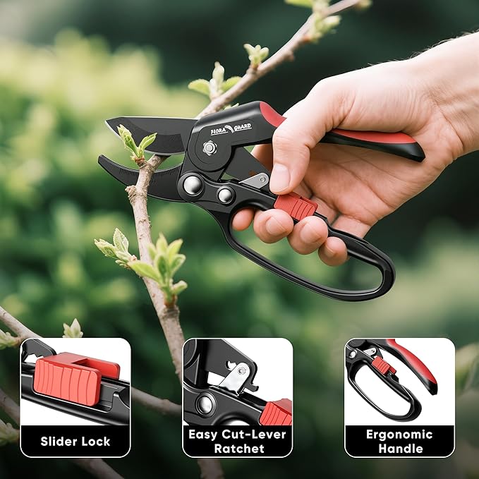 FLORA GUARD Ratchet Pruning Shears, Garden Shears with Reinforced Structure, 3x Cutting Power, Sharp Gardening Scissors for Branches up to 7/8 in, Ideal for Weak Hands