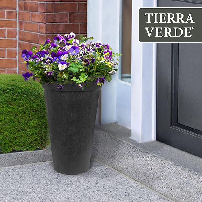 Tierra Verde 2-Pack Indoor & Outdoor Self-Watering Tall Round Planters, Aria, 12.5" x 20", Black - Planter Containers for Plants and Flowers - Gardening and Landscaping Accessories