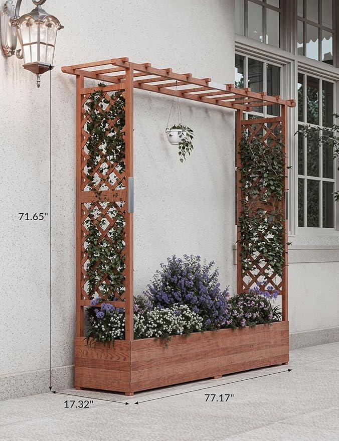 Raised Garden Bed with Trellis and Hanging Roof, Wooden Planter Box with Side Supports and Drainage, Freestanding Elevated Planter for Climbing Plants, Vines, and Flowers, 79x17x72Ft