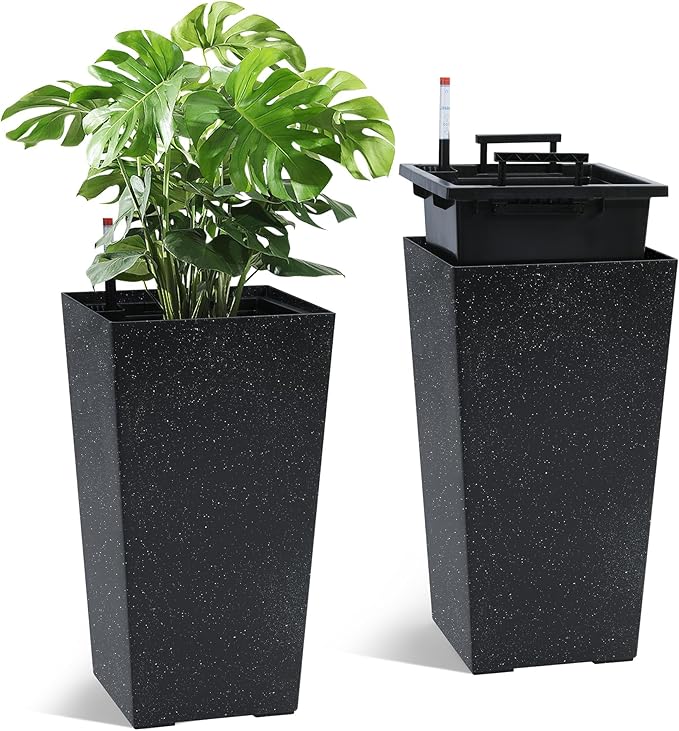 21.6" Tall Planters Set of 2, Outdoor & Indoor Flower Pots with Drainage Holes, Water Level Monitor, Inner Bucket, and Self-Watering System for Porch, Patio, Home, Office - Black