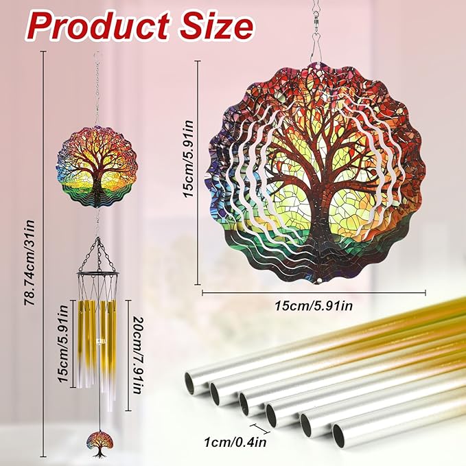 Windchimes with Tree of Life Wind Spinners Gift, Metal 3D Wind Spinner Hanging Wind Chimes Decor for Yard Outdoor, Home Garden Ornaments Gifts for Mom Women Christmas