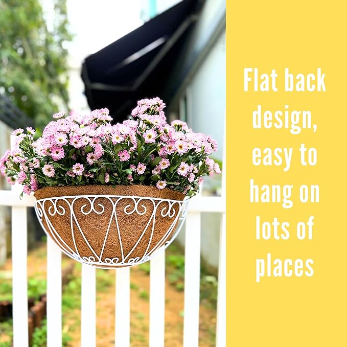 LaLaGreen Outdoor Wall Planters (2 Pack, 12 Inch) White Metal Wall Mounted Hanging Basket with Coco Liner, Flower Pot Plant Holder Semi-Circle Planter for Fence Railing Deck Porch Balcony Garden Decor