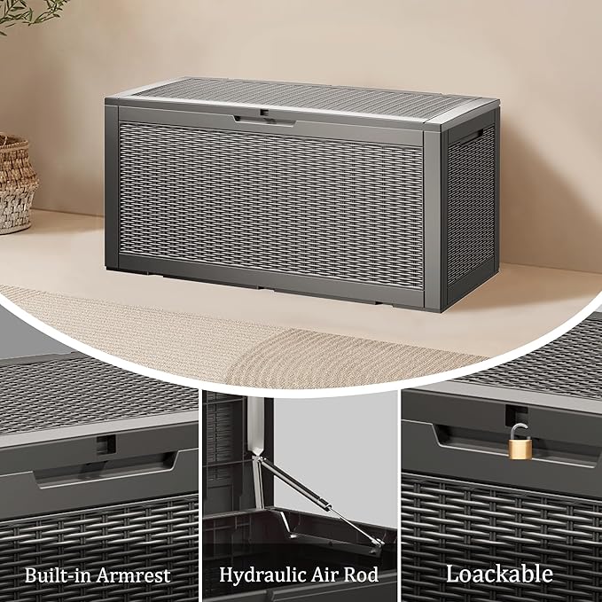 100GAL - Grey，Resin Deck Box，Patio Furniture Cushions Garden Boxes，Outdoor,backyard Storage，Shed