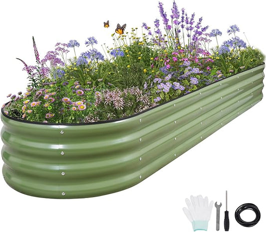 Galvanized Raised Garden Bed - 8x2x1FT Metal Planter Boxes Outdoor | Oval Steel Raised Bed Kit for Gardening with Protective Tape, Bracing Rods, Gloves for Vegetables, Flower, Herb (Green)